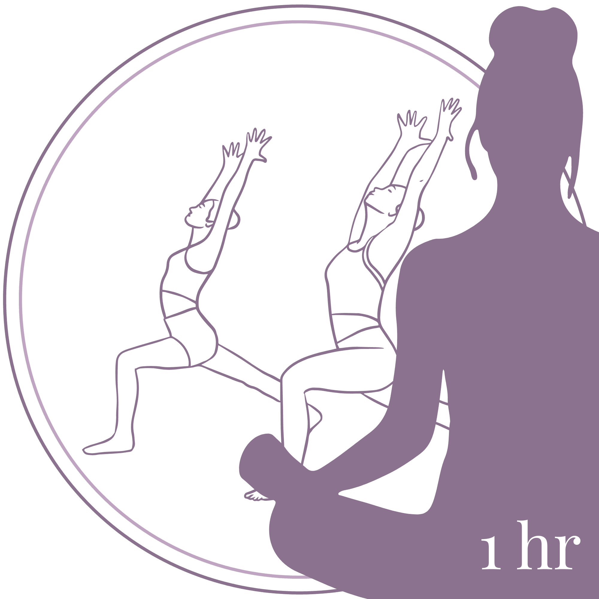 Group yoga session with hands-on guidance – minimalist line art illustration, "1 hr" in the corner
