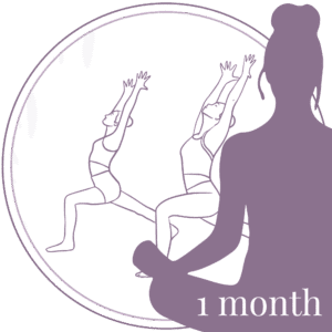 Group yoga session with hands-on guidance – minimalist line art illustration, "1 month" in the corner