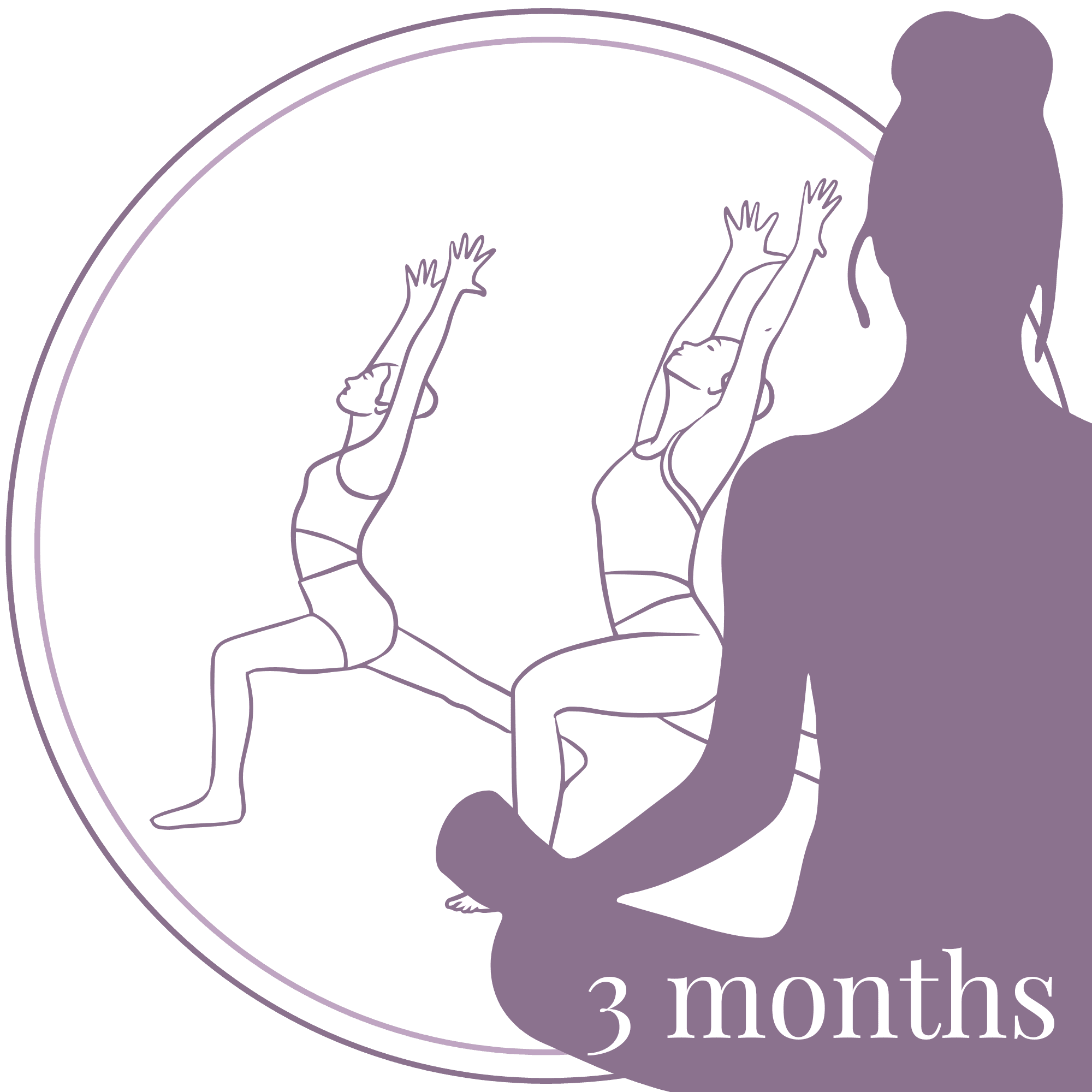 Group yoga session with hands-on guidance – minimalist line art illustration, "3 months" in the corner