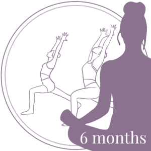 Group yoga session with hands-on guidance – minimalist line art illustration, "6 months" in the corner