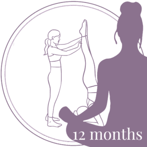 Woman practicing assisted yoga pose in a 12-month private yoga membership, guided by a yoga teacher – minimalist line art illustration