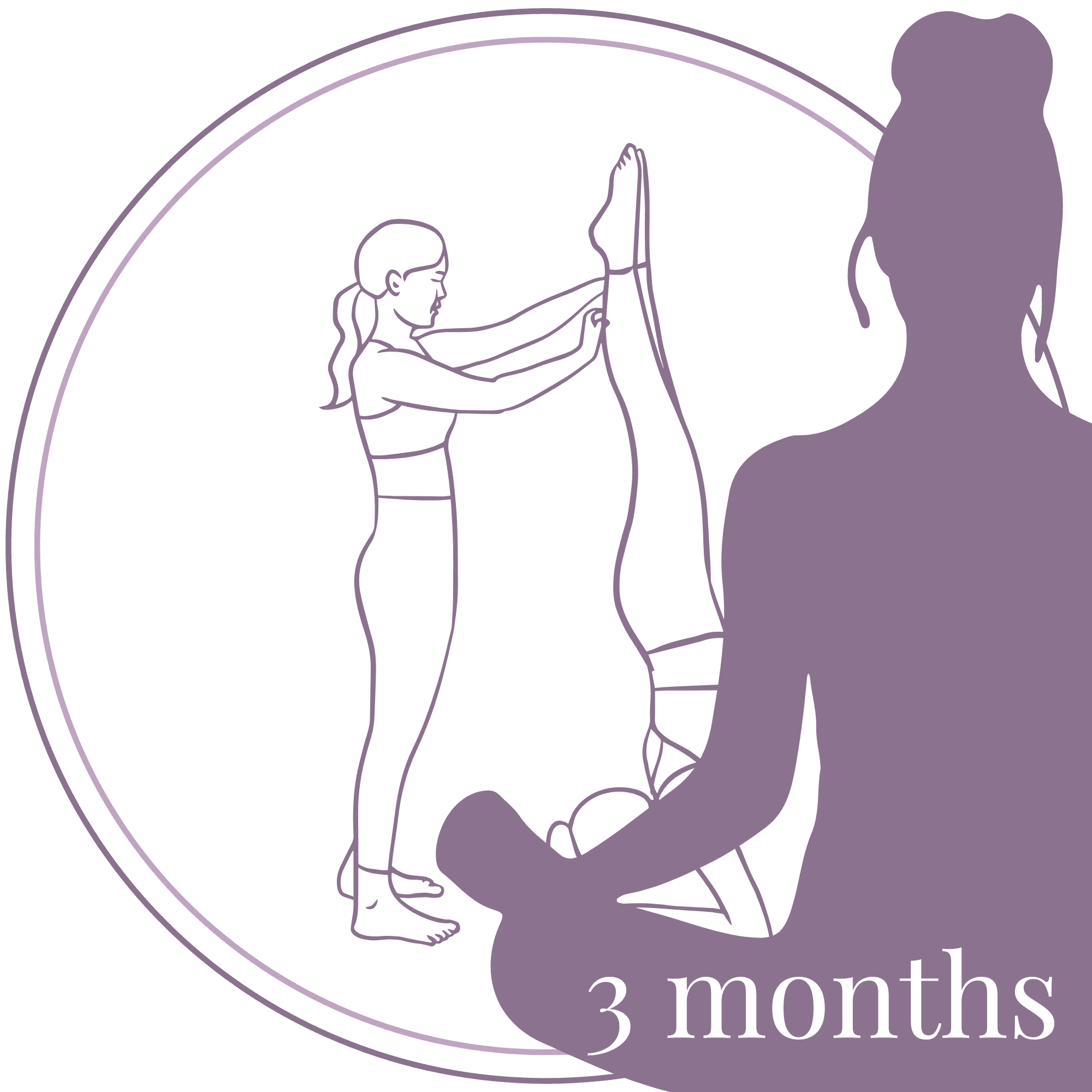 Woman practicing assisted yoga pose in a 3-month private yoga membership, supported by a yoga teacher – minimalist line art illustration