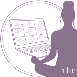 Minimalist line art illustration of an online group yoga session – yoga teacher guiding multiple students, "1 Hour" session highlighted in the corner