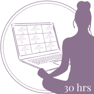 Minimalist line art illustration of an online group yoga session – yoga teacher guiding multiple students, "30 Hours" package highlighted in the corner