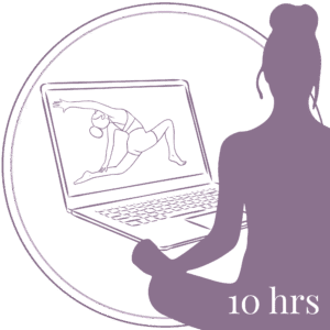 Minimalist line art illustration of a yoga teacher guiding a student in an online private yoga session – "10 Hours" package highlighted in the corner