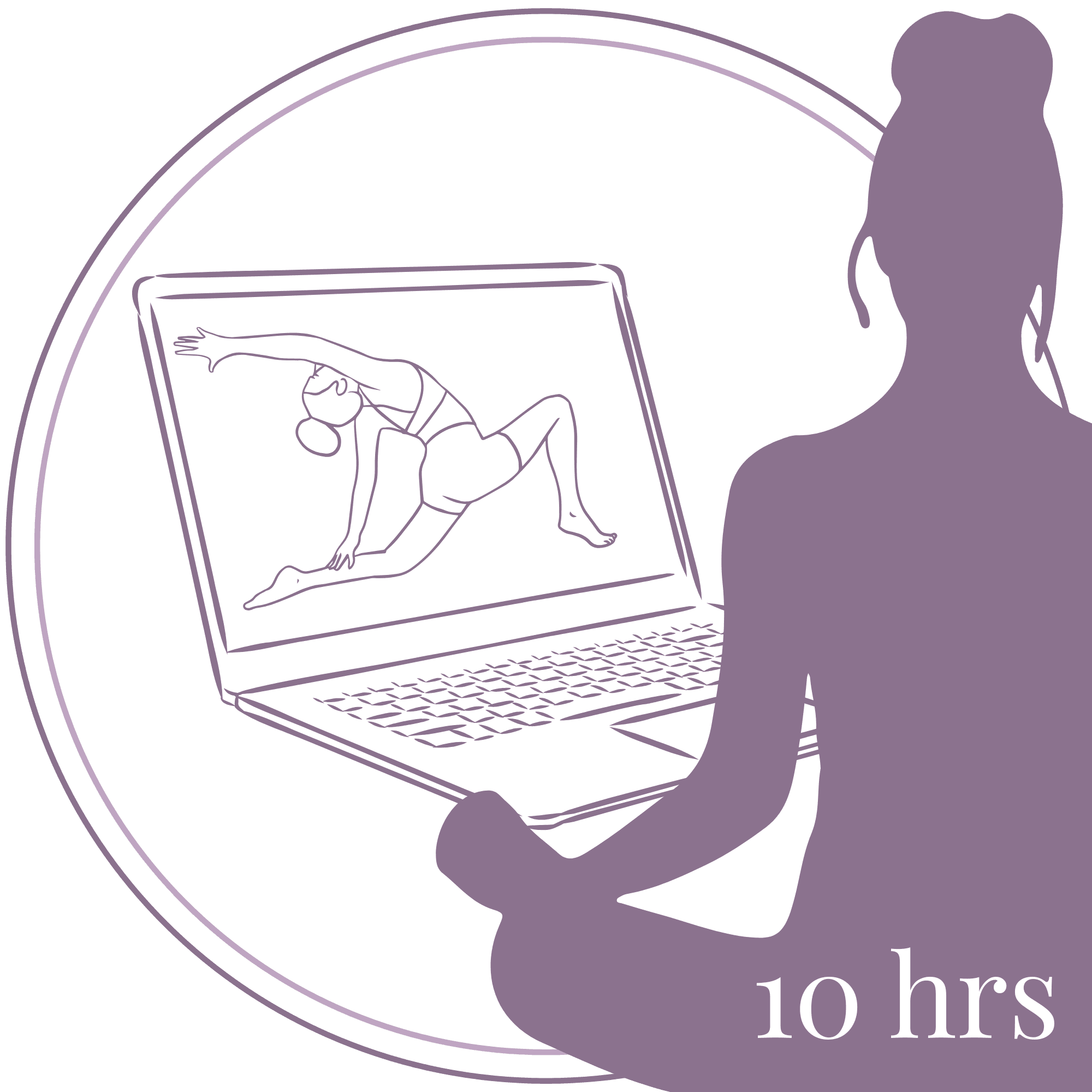 Minimalist line art illustration of a yoga teacher guiding a student in an online private yoga session – "10 Hours" package highlighted in the corner