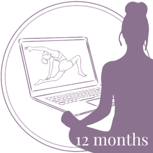 Minimalist line art illustration of a yoga teacher guiding a student in an online private session – "12 Months" package highlighted in the corner