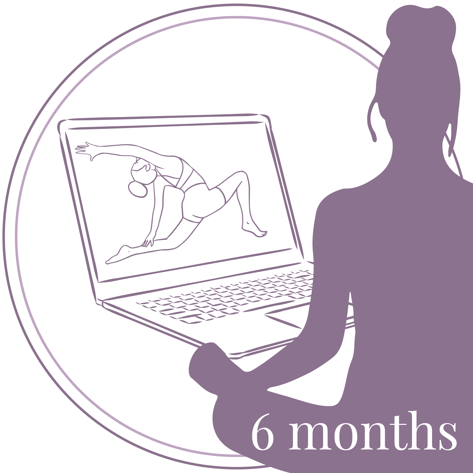 Minimalist line art illustration of a yoga teacher guiding a student in an online private session – "6 Months" package highlighted in the corner